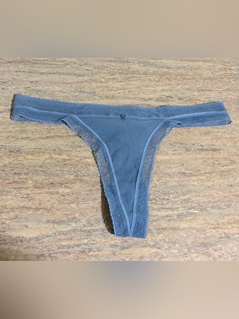 NWT Victoria’s Secret Ribbed Lace-Trim Plus Size Thong Panty in Dusty Blue